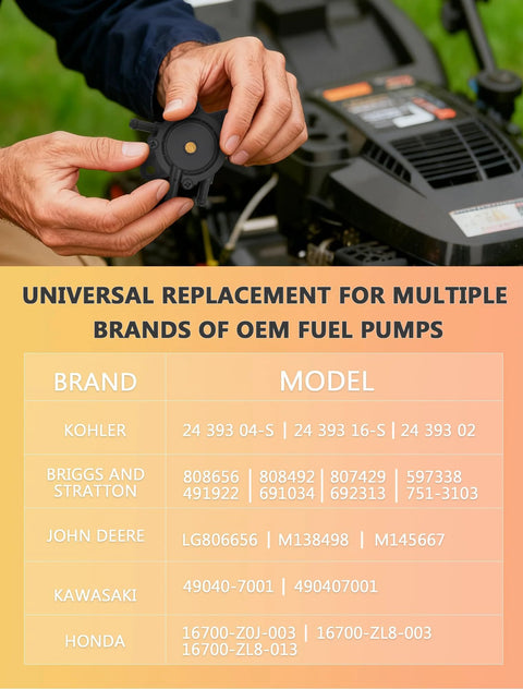Person holding Plug And Play Vacuum Fuel Pump With Filter And Oil Hose For Kohler Briggs And Stratton Mikuni Engines.