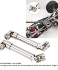 Beefy Stainless Steel RC Drive Shaft M4 2 Pack For 1/10 Scale Crawlers with Universal Six Tooth Spline Brass Ball End 91mm shown next to RC vehicle.