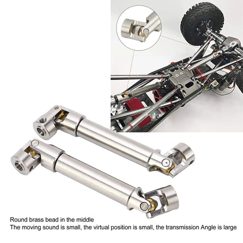 Beefy Stainless Steel RC Drive Shaft M4 2 Pack For 1/10 Scale Crawlers with Universal Six Tooth Spline Brass Ball End 91mm shown next to RC vehicle.
