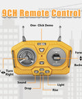 Remote Control Dump Truck Toy With Metal Bed And Lights And Sounds, showing yellow 9CH remote control unit with directional controls.