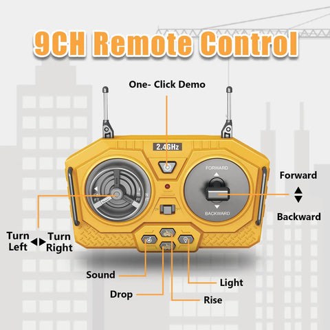 Remote Control Dump Truck Toy With Metal Bed And Lights And Sounds, showing yellow 9CH remote control unit with directional controls.