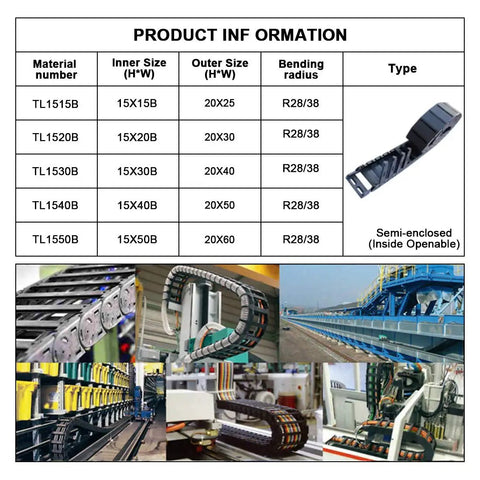 Product information sheet showing various sizes of black plastic semi enclosed drag chain cable carriers for CNC machines with images of industrial applications.