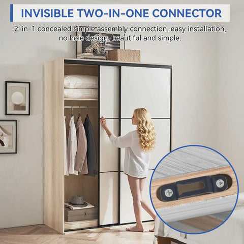 60 Pack Slick Furniture Connectors And Concealed Slide Buckles For Cabinet Hardware shown in use with sliding wardrobe panels.