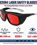 Red Lens Laser Safety Goggles UV Blue Green Diode Up To 532nm, black frame, suitable for laser work with OD5+ protection.