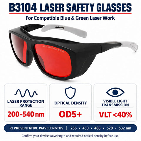 Red Lens Laser Safety Goggles UV Blue Green Diode Up To 532nm, black frame, suitable for laser work with OD5+ protection.