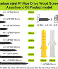Wood Screws Assortment Kit With 500 Phillips Drive Black Flat Head Screws In Eight Sizes From 1/4 Inch To 1-1/4 Inch Plus 50 M6 Anchors, Bulk Set For Quick Wood Projects, Strong Hold, Easy Fit And Versatile Hardware. Product image showing screws and anchors in multiple sizes.