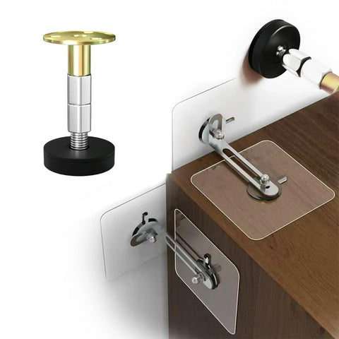 Straight No Drill Desk Stabilizers Anti Wobble Table Leg Braces Adjustable Shock Absorbing Support Gaming Furniture Quick Snap Setup showing mounting hardware on a wooden desk.