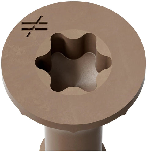 Close-up of Deck Drive Wood Screws Collated 8 By 1 And 5 Eighths Inch Torx T25 6 Lobe Tan For Exterior Decks screw head