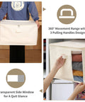 Person holding Heavy Duty Cotton Storage Bag with clear window, sturdy zipper, and handles, showcasing quilts and blankets storage.