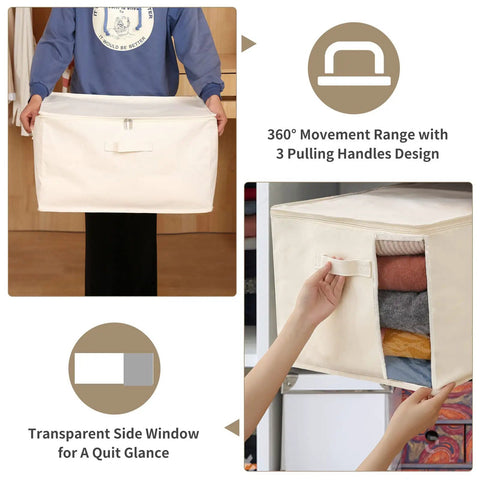 Person holding Heavy Duty Cotton Storage Bag with clear window, sturdy zipper, and handles, showcasing quilts and blankets storage.