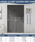 Double K Shape Sliding Closet Door 48 By 80 Inches With Hardware Kit And Matching Fascia, Solid Wood Slab With Waterproof And Scratch Resistant PVC Surface, Preassembled For Easy Install, Gray shown in size chart