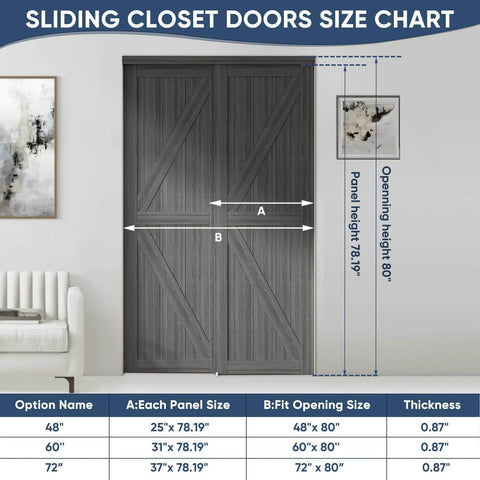 Double K Shape Sliding Closet Door 48 By 80 Inches With Hardware Kit And Matching Fascia, Solid Wood Slab With Waterproof And Scratch Resistant PVC Surface, Preassembled For Easy Install, Gray shown in size chart