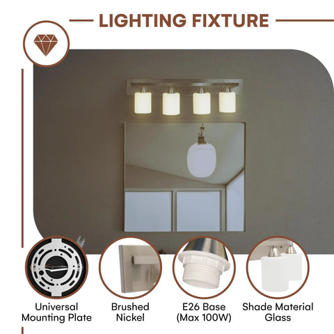 Bathroom Vanity Light Fixture Over Mirror In Oil Rubbed Bronze With Milk Glass Shades Four Light Interior Lighting Bar E26 Compatible 100W LED Bulbs Not Included Dope Modern Farmhouse Vibe For Bathroom shown above a mirror.