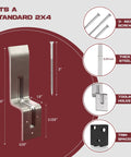 Heavy Duty Door Barricade Security Kit With Install Hardware for 2x4 beams, showing steel bracket, screws, and spacers.