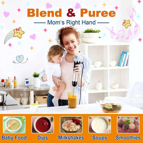 Mom using Heavy Duty Handheld Immersion Blender Featuring A Badass 1100 Watt Motor And Zero Fuss Variable Speed Control for soups.
