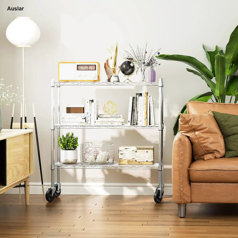 Three Tier Storage Shelves On Casters Heavy Duty Chrome Metal Shelving With Locking Wheels, Rust Resistant Garage Organizer For Home, Workshop Or Laundry, Mobile Shelving Rack in living room