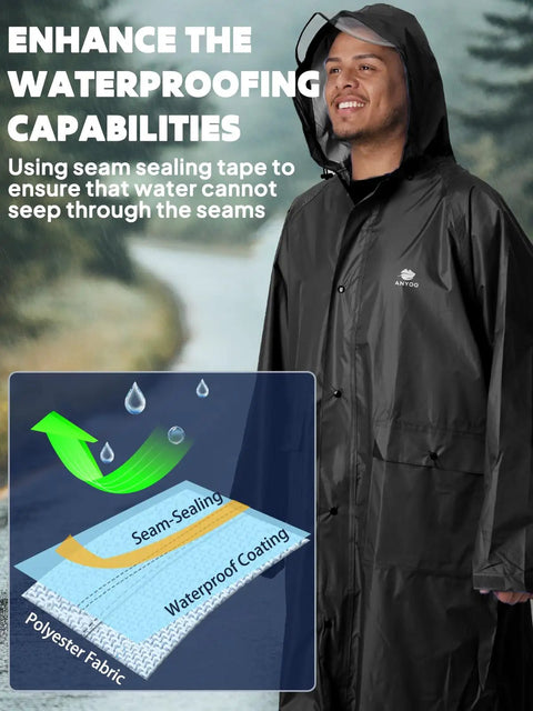 Man wearing black Waterproof Rain Jacket For Men And Women Lightweight Hooded Long Sleeve Packable Windbreaker Poncho For Hiking And Outdoor Adventures Emergency Rain Gear With Ripstop Fabric And TPU Coating For Severe Wet Conditions, featuring seam sealing for enhanced waterproofing.