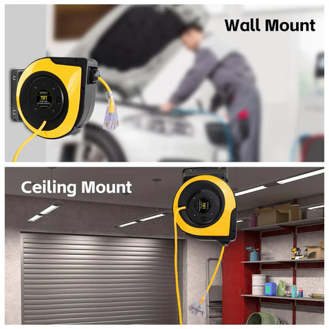 Heavy Duty Retractable Extension Cord Reel Rolls Up Crisp Saves Floor Space Delivers Serious Muscle For Garage Or Shop With 75 Foot 14 Gauge Cable mounted on wall and ceiling.