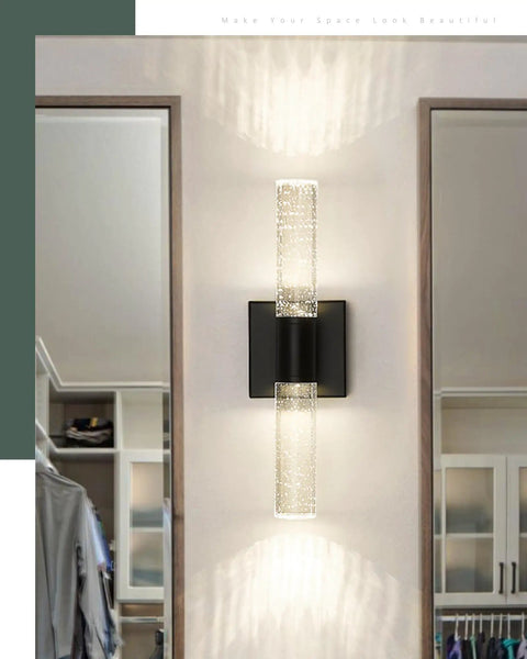 Matte Black LED Vanity Light With Bubble Glass Sconce illuminating between two mirrors in a modern interior space