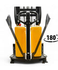 Semi Electric Thin Leg Pallet Stacker Built Like A Tank To Move Up To 3307 Lbs Loads With Quick 78 Inch Lift Height North American Made Heavy Duty Logistics Game Changer, rear view of handle and power design