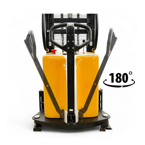 Semi Electric Thin Leg Pallet Stacker Built Like A Tank To Move Up To 3307 Lbs Loads With Quick 78 Inch Lift Height North American Made Heavy Duty Logistics Game Changer, rear view of handle and power design