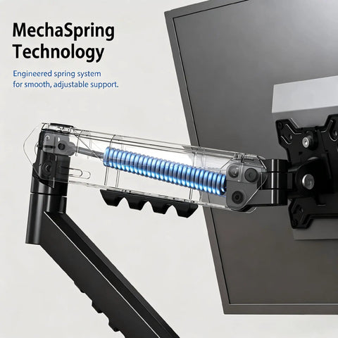 Top Shelf Single Monitor Arm Desk Mount With Ballistic Mechanical Springs For 17 To 32 Inch Screens showcasing MechaSpring technology for adjustable support.
