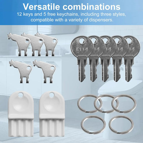 Toilet Paper Dispenser Keys And Paper Towel Key Set Universal Compatibility with 12 keys and 5 key rings displayed