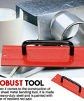 12 Inch 16 Gauge Steel Sheet Metal Folding Tool With Grips For Standing Seam Roofing Panels Drip Edge Bender Handy Tool For HVAC Applications And Pipe Fitting Red, shown with sheet metal pieces.