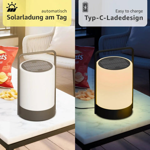 Solar Lantern LED Outdoor Cordless Table Lamp with IP44 waterproof metal frame, USB C rechargeable, shown on table indoors and outdoors.