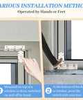 Sliding Glass Door Locks For Extra Security Child Safety Locks For Sliding Doors Window Lock Set Of 3 White Finish Universal Fit Easy To Install Durable Metal Hardware Durable Aluminum Construction Enhance Home Protection Against Intruders, showing hand and foot installation methods on door frames.