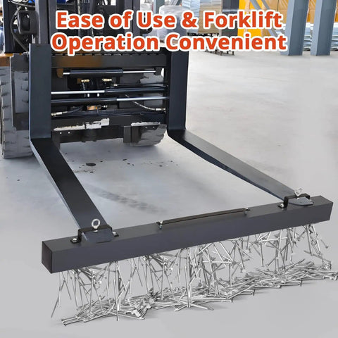 60 Inch Wide Hanging Magnetic Sweeper With 120 Lb Pull Strength attached to forklift in warehouse with nails collected
