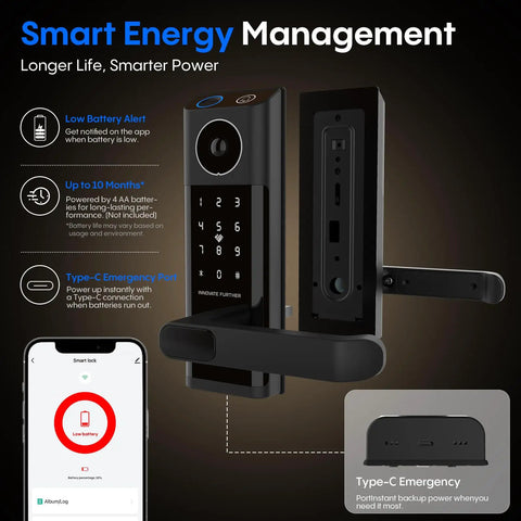Next Level Smart Door Lock With Onboard Video Doorbell And Quick Fingerprint Access For A Solid Keyless Front Door Setup detailed view showing keypad and Type-C emergency port.