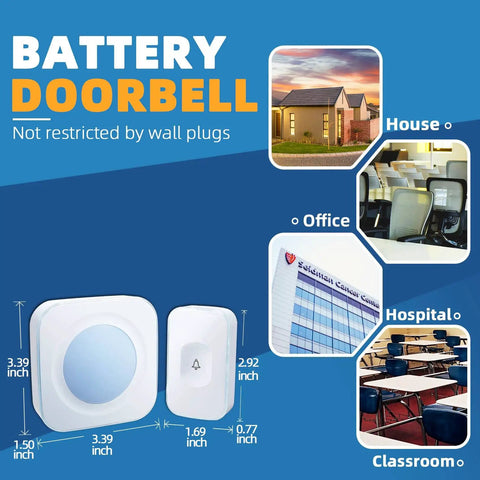 Battery-operated wireless doorbell kit with button station and receiver, dimensions shown, suitable for various environments.
