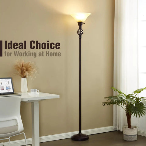 Torchiere Floor Lamp With Glass Bowl Shade and Swirl Vane Details in home office, LED standing reading light, red brown finish
