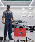 24 Piece Heavy Duty Brake Caliper Compression Tool Set With Left And Right Thrust Bolts Disc Brake Piston Caliper Compressor Rewind Kit And C Hanger for Easy DIY Brake Service in red case displayed on garage floor with mechanic and car.