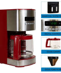Red 12 Cup Programmable Drip Coffee Maker With Auto Shut Off And Glass Carafe, Regular Or Bold Brews, Large Water Reservoir