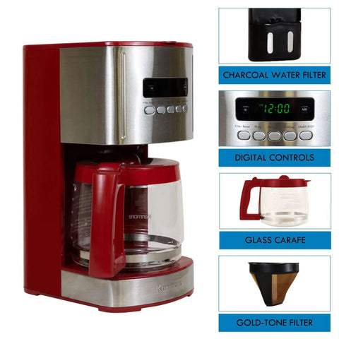 Red 12 Cup Programmable Drip Coffee Maker With Auto Shut Off And Glass Carafe, Regular Or Bold Brews, Large Water Reservoir