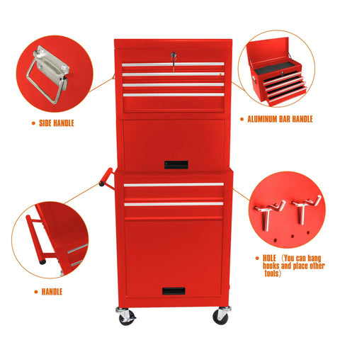 Heavy Duty 6 Drawer Rolling Tool Chest With Lockable Mobile Cabinet For Garage Workshop showing side and aluminum handles.