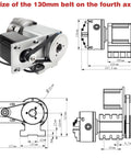 Killer Performance Cnc Rotary Fourth Axis K12 130Mm 4 Jaw Chuck Dividing Head Closed Loop Servo Motor 4 5Nm Torque 100Mm Tailstock Solid Rig For Woodshop Jobs dimensions and belt size diagram.