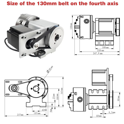 Killer Performance Cnc Rotary Fourth Axis K12 130Mm 4 Jaw Chuck Dividing Head Closed Loop Servo Motor 4 5Nm Torque 100Mm Tailstock Solid Rig For Woodshop Jobs dimensions and belt size diagram.