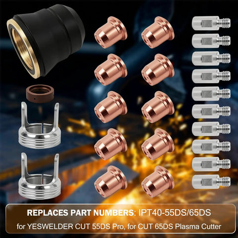 24pcs Plasma Cutting Torch Consumables Kit With Heat Resistant Copper Electrodes And Hafnium Tip Plus Stainless Steel Nozzles For Durable IPT40 Cutter Performance including electrodes and fittings.