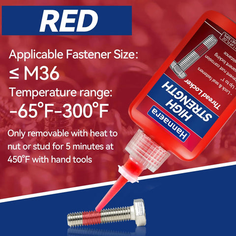 Two 50 ml thread locker bottles (blue removable, red permanent) for nuts, bolts, and metal fasteners; medium and high strength