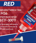 Blue And Red Thread Locker Kit For Nuts And Bolts Removable And Permanent Adhesive To Prevent Loosening From Vibration And Lock It Down Seals Tight And Prevents Leaks On Metal Fasteners Includes Medium 50 Ml Bottles Two And High Strength 50 Ml Bottle red adhesive close-up with bolt