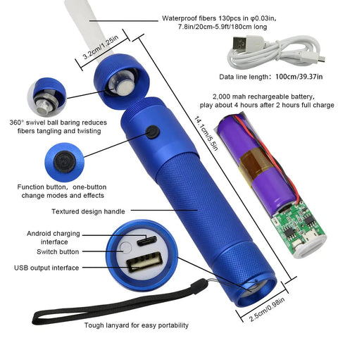 Components of Lit Fiber Optic Space Dancing Light Whip with Rechargeable LED, 5.9Ft Rave Toy, including handle, battery, and cable.
