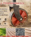 All Terrain Collapsible Wagon Cart With 220 Lb Load Capacity wheel on grass and gravel surfaces showcasing 360° rotation.