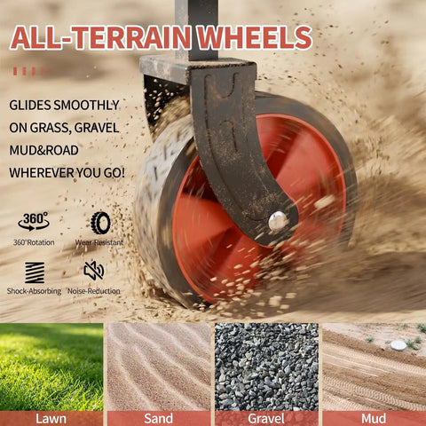 All Terrain Collapsible Wagon Cart With 220 Lb Load Capacity wheel on grass and gravel surfaces showcasing 360° rotation.