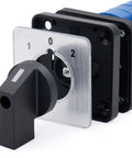 32A 660V 3 Phase Rotary Changeover Switch With 12 Terminals 1-0-2 ON OFF ON Indexing SZW26 32 D303.3 front view