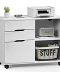 White lateral file cabinet with rolling drawers, three drawer under desk storage printer stand, wood organizer with wheels, adjustable shelf