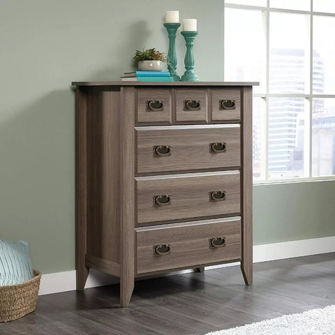 Dresser with Vintage Drawer Ring Pull Handles 4 Pack With Hidden Screws in Antique Pewter Zinc Alloy, shown in a bedroom setting.