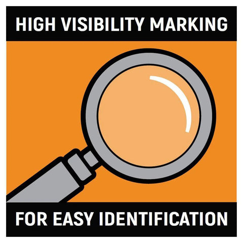 Illustration of a magnifying glass highlighting text "High Visibility Marking for Easy Identification" on orange background.